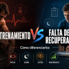 Banner de cabecera para un post sobre sobreentrenamiento y falta de recuperación, con un deportista fatigado, elementos visuales de carga y recuperación, y contraste entre exceso de entrenamiento y estrategias de descanso.