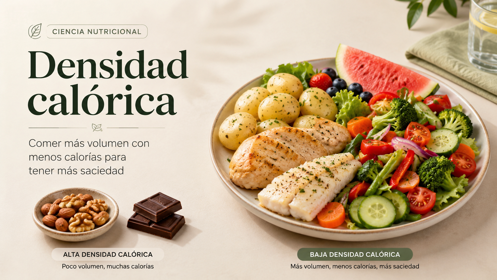 Banner sobre densidad calórica con comparación entre alimentos de alta densidad calórica y un plato saciante con proteína, patata, verduras y fruta.