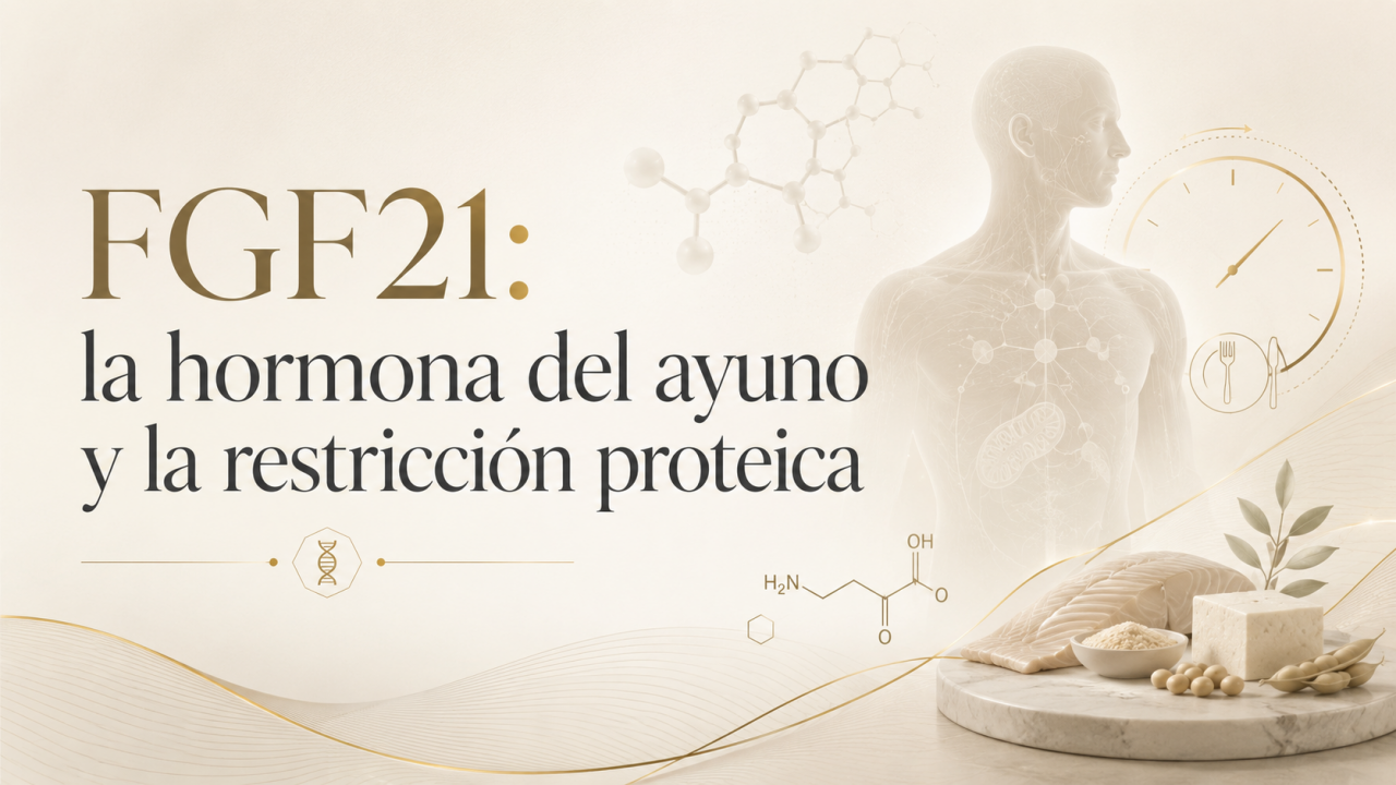 Banner del artículo FGF21: la hormona del ayuno y la restricción proteica, con elementos científicos, metabolismo y nutrición.