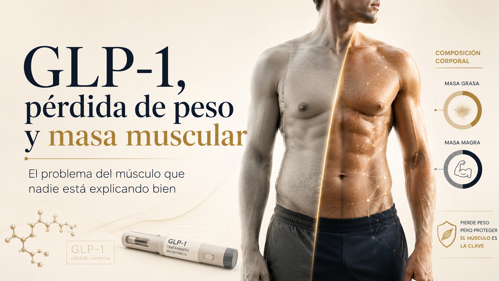 Banner del artículo sobre GLP-1, pérdida de peso y masa muscular, con una composición visual sobre grasa corporal, masa magra y preservación del músculo.