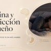 Banner editorial sobre grelina y restricción de sueño, con una persona despierta en la cama y elementos visuales de hambre, cerebro y estómago.