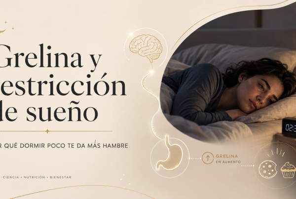 Banner editorial sobre grelina y restricción de sueño, con una persona despierta en la cama y elementos visuales de hambre, cerebro y estómago.