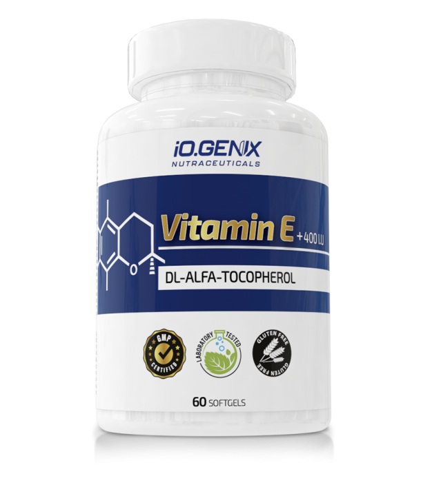 Bote de Vitamin E +400 I.U de iO.GENIX, complemento alimenticio de vitamina E en formato softgel