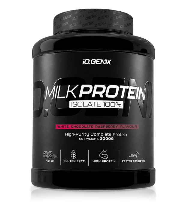 Bote de Milk Protein Isolate 100% iO.GENIX sabor white choco raspberry, proteína aislada de leche con Solmiko HD MPI.