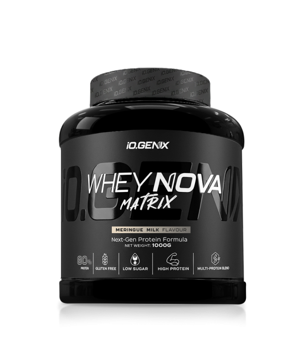 Bote de Whey Nova Matrix iO.GENIX sabor leche merengada, proteína en polvo con matriz whey y MPI.