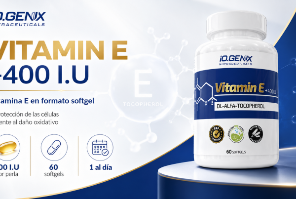 Banner de cabecera para un post sobre Vitamin E +400 I.U, con el producto en primer plano y una composición visual centrada en vitamina E y protección frente al daño oxidativo.