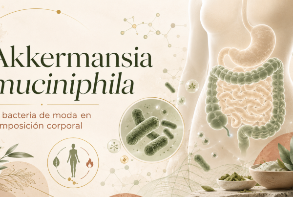 Imagen de cabecera para un post sobre Akkermansia muciniphila, con representación del intestino, bacterias intestinales y composición corporal.