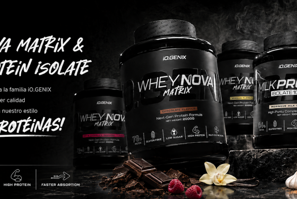Banner de Whey Nova Matrix y Milk Protein Isolate 100% de iO.GENIX, dos proteínas en polvo con matrices proteicas distintas basadas en whey, MPI y proteína láctea aislada.