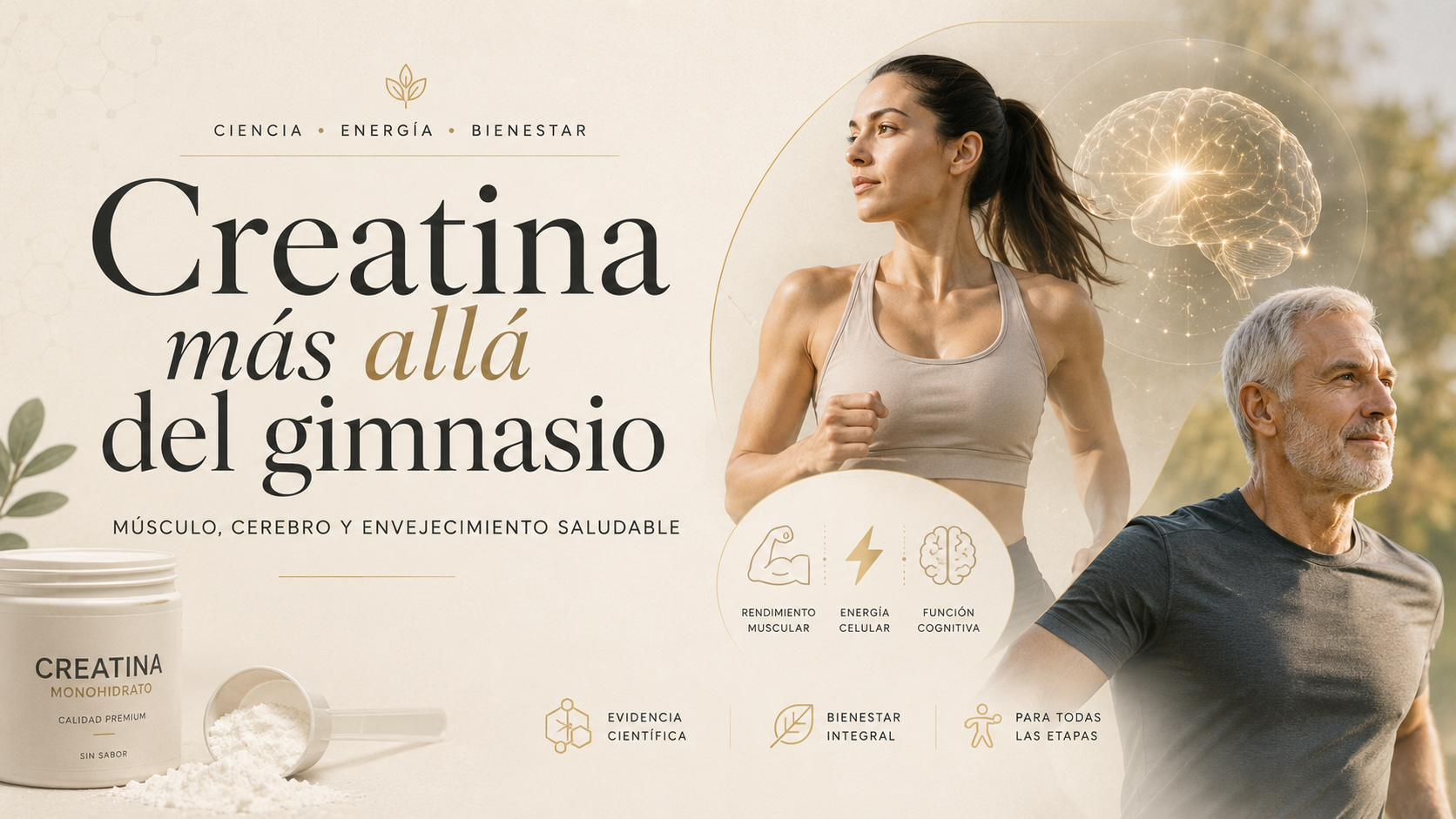 Banner del artículo sobre creatina más allá del gimnasio, con referencias a músculo, cerebro, energía celular y envejecimiento saludable.