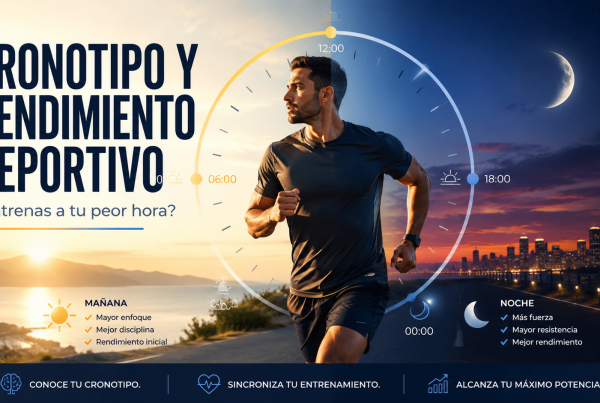 Banner de cabecera para un post sobre cronotipo y rendimiento deportivo, con un corredor, un reloj circadiano y una transición visual entre mañana y noche.
