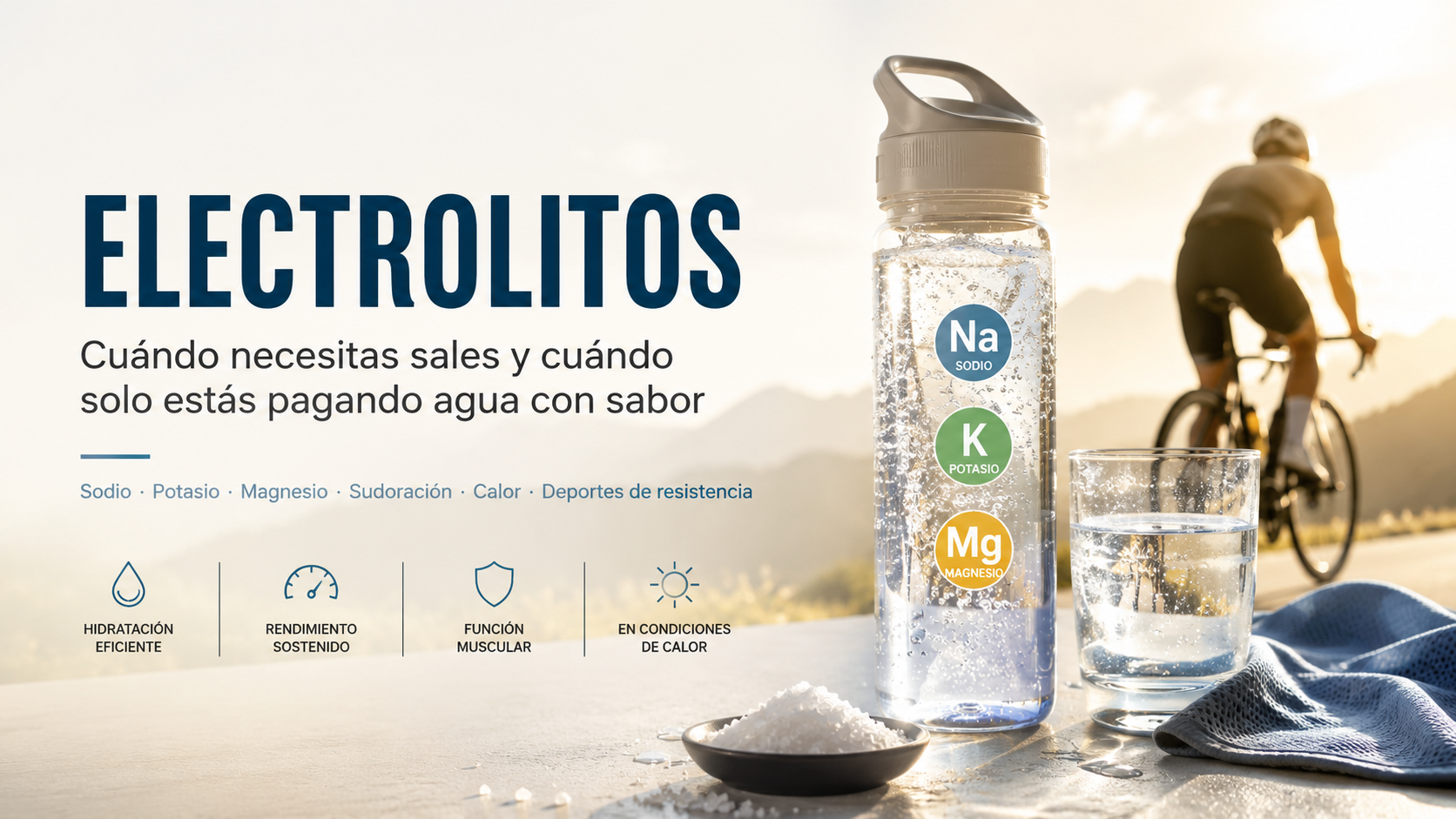 Banner sobre electrolitos para deportistas con agua, sales minerales, sodio, potasio, magnesio y ciclista en ambiente de calor.
