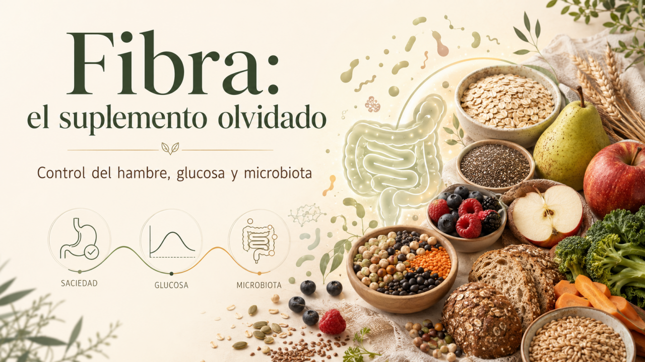 Banner del artículo fibra, el suplemento olvidado, con alimentos ricos en fibra, microbiota intestinal y referencias visuales a saciedad y glucosa.