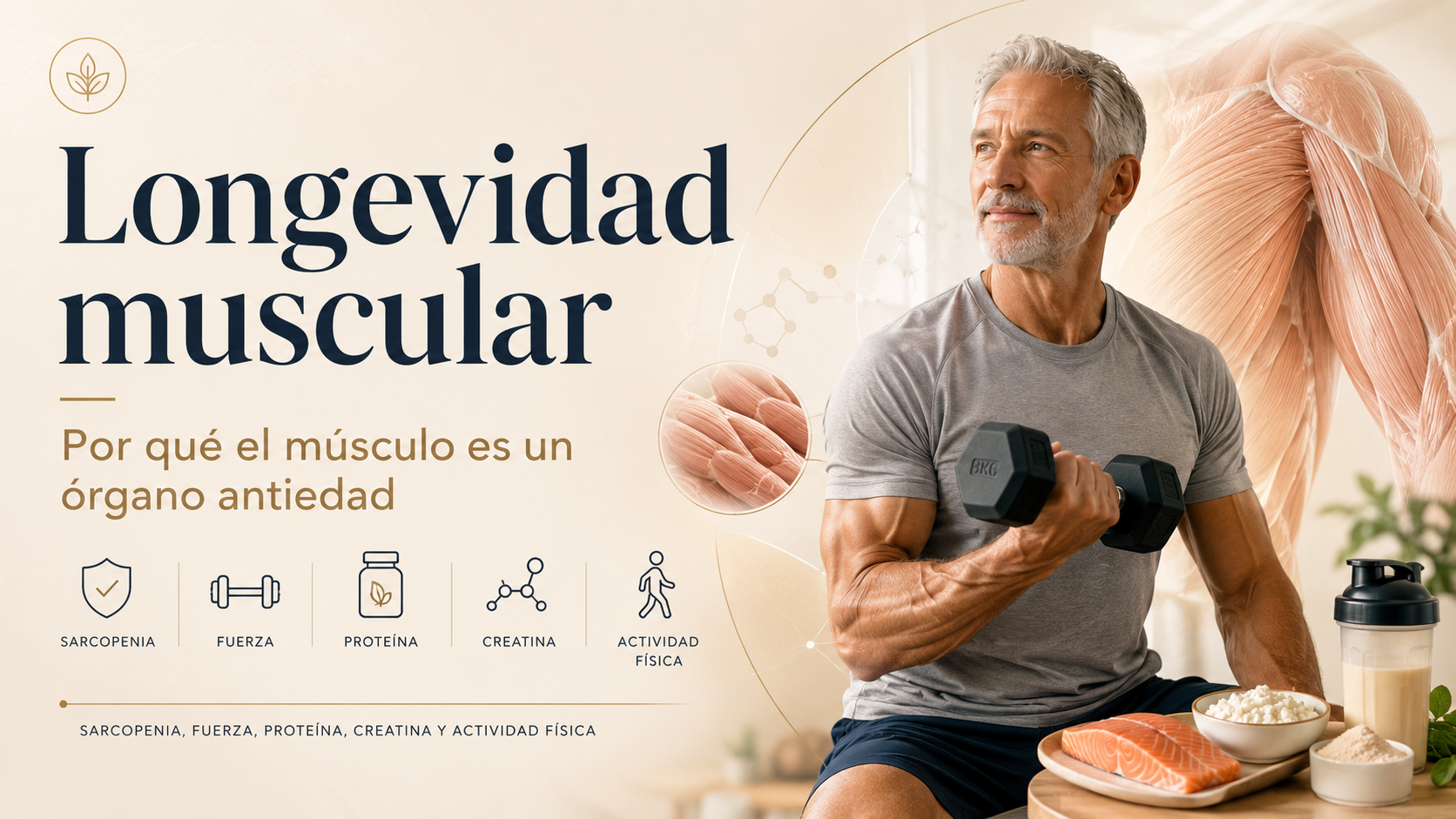 Banner del artículo sobre longevidad muscular con hombre adulto entrenando con mancuerna, ilustración anatómica del músculo y elementos relacionados con proteína, creatina, fuerza y actividad física.