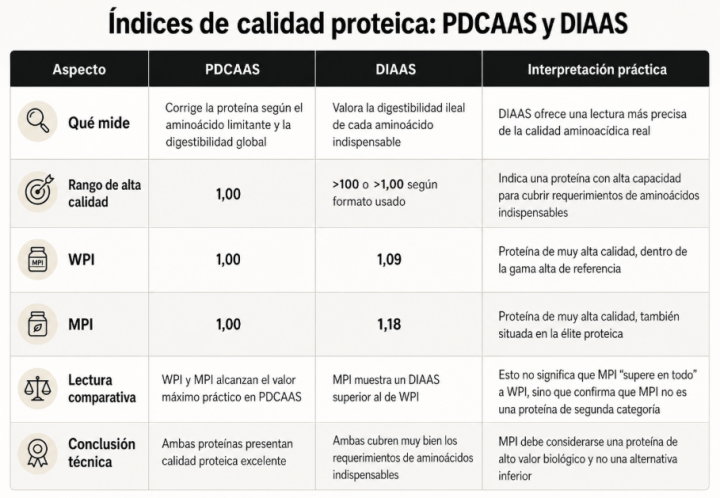 Infografía comparativa sobre índices de calidad proteica PDCAAS y DIAAS en WPI y MPI, mostrando que ambas proteínas alcanzan alta calidad proteica y que MPI presenta un DIAAS superior.