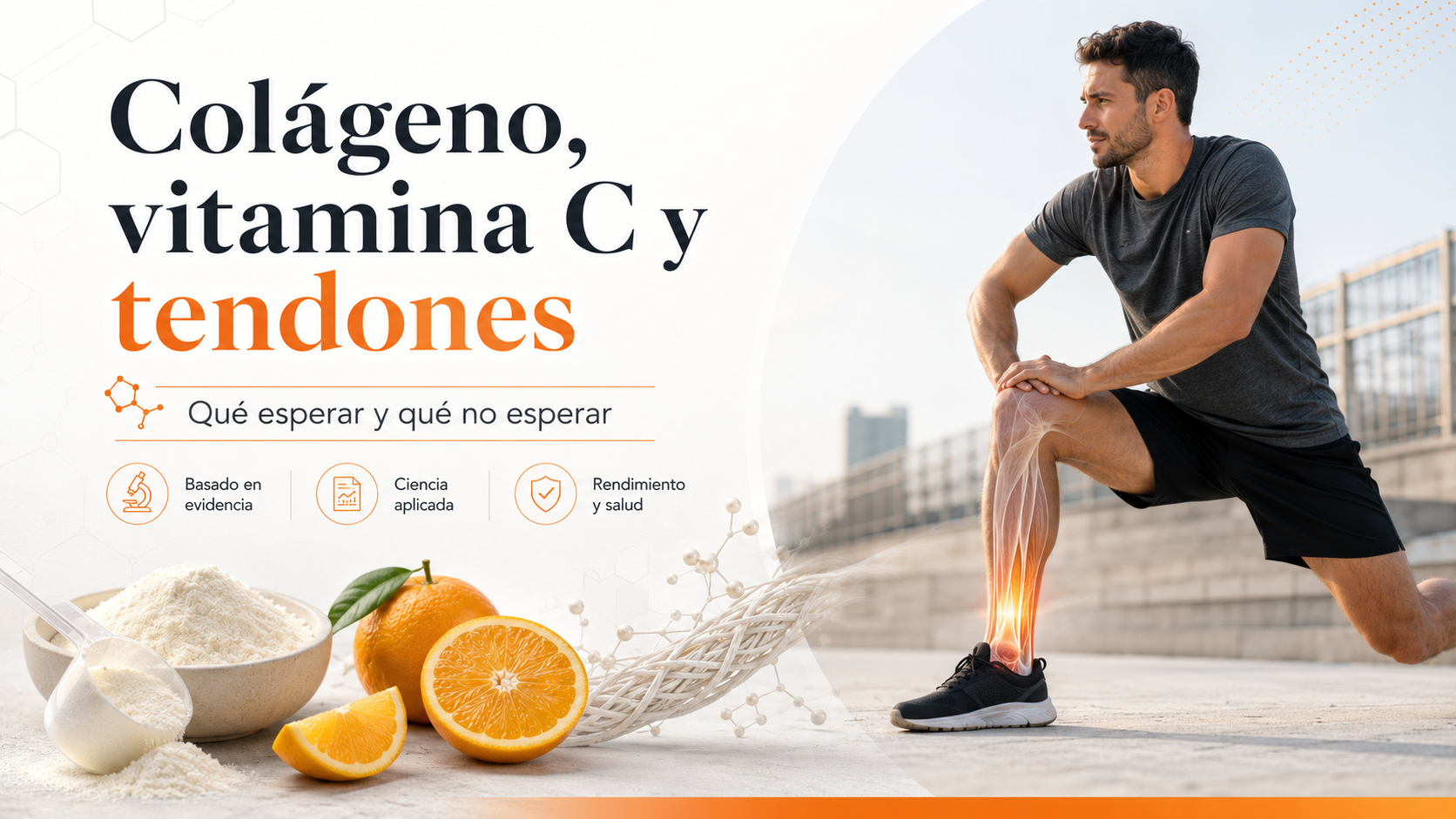 Colágeno, vitamina C y tendones en un banner de blog sobre suplementación deportiva y salud tendinosa