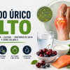 Banner informativo sobre ácido úrico alto, síntomas de gota, analítica, dieta, hidratación y hábitos para reducirlo.