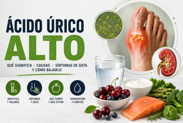 Banner informativo sobre ácido úrico alto, síntomas de gota, analítica, dieta, hidratación y hábitos para reducirlo.