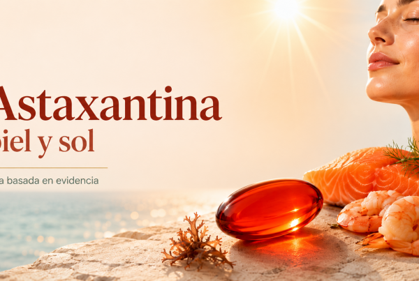 Astaxantina para la piel y el sol junto a salmón, gambas y una cápsula roja frente al mar