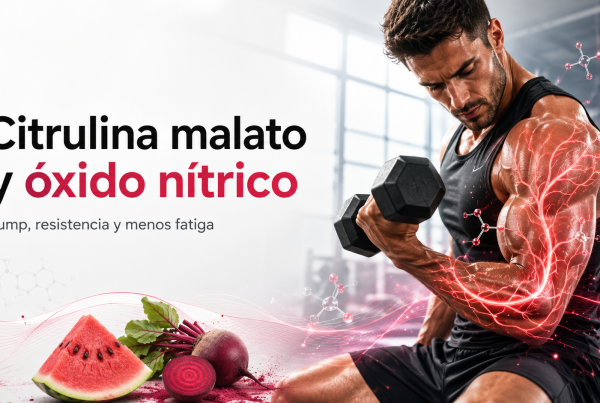 Hombre entrenando con mancuerna junto a sandía y remolacha para representar la citrulina malato, el óxido nítrico y la mejora del flujo sanguíneo.