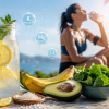 Bebida isotónica con limón, alimentos ricos en electrolitos y una deportista hidratándose en verano