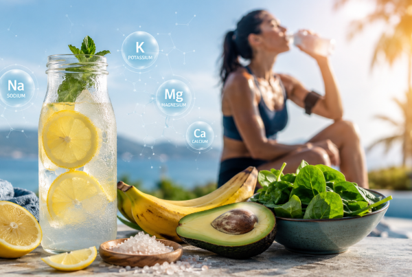Bebida isotónica con limón, alimentos ricos en electrolitos y una deportista hidratándose en verano