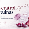 Banner del artículo sobre resveratrol y sirtuinas, con uvas tintas, estructura molecular del resveratrol y referencias a NAD+, longevidad y envejecimiento saludable.