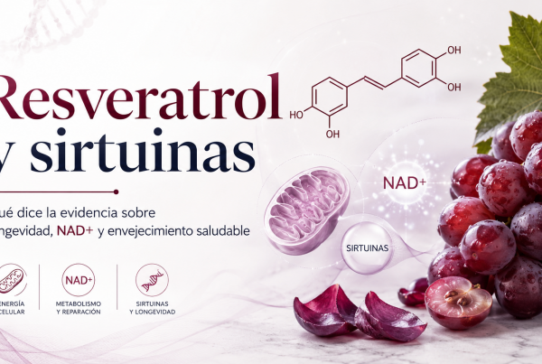 Banner del artículo sobre resveratrol y sirtuinas, con uvas tintas, estructura molecular del resveratrol y referencias a NAD+, longevidad y envejecimiento saludable.