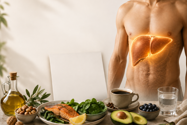 Hombre con el hígado resaltado junto a alimentos saludables como salmón, verduras, frutos secos, aguacate, café y aceite de oliva.