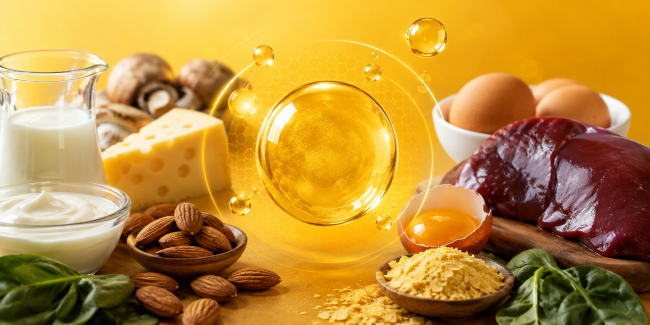 Alimentos ricos en vitamina B2: leche, yogur, queso, huevo, almendras, champiñones y levadura nutricional