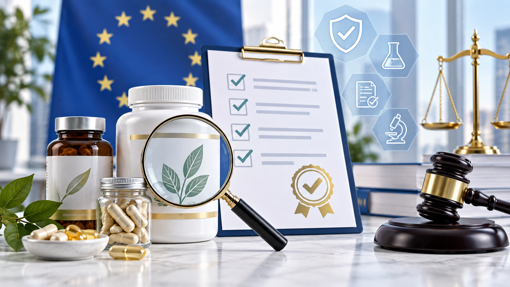 Suplementos alimenticios junto a símbolos de regulación, control y normativa de la Unión Europea