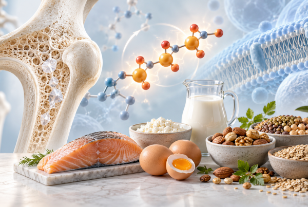 Ilustración sobre el fósforo: hueso, moléculas y alimentos ricos en fósforo como salmón, huevos, lácteos, legumbres, frutos secos y cereales.