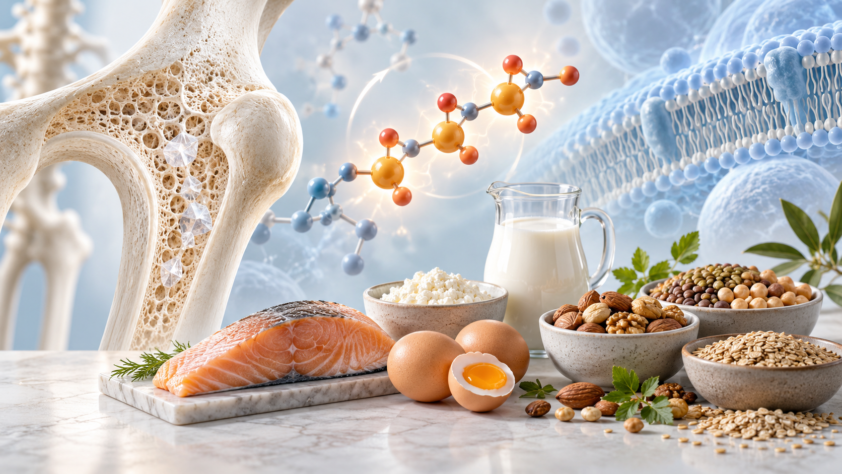 Ilustración sobre el fósforo: hueso, moléculas y alimentos ricos en fósforo como salmón, huevos, lácteos, legumbres, frutos secos y cereales.