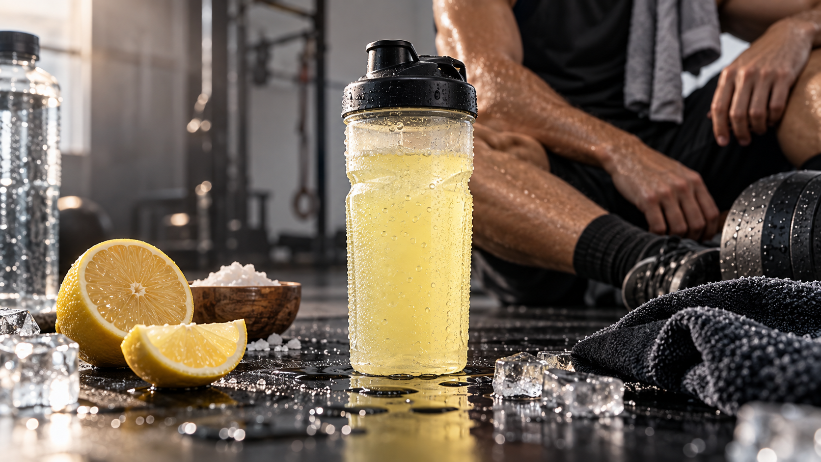 Bebida isotónica con electrolitos junto a limón, sal y material de entrenamiento en un gimnasio.
