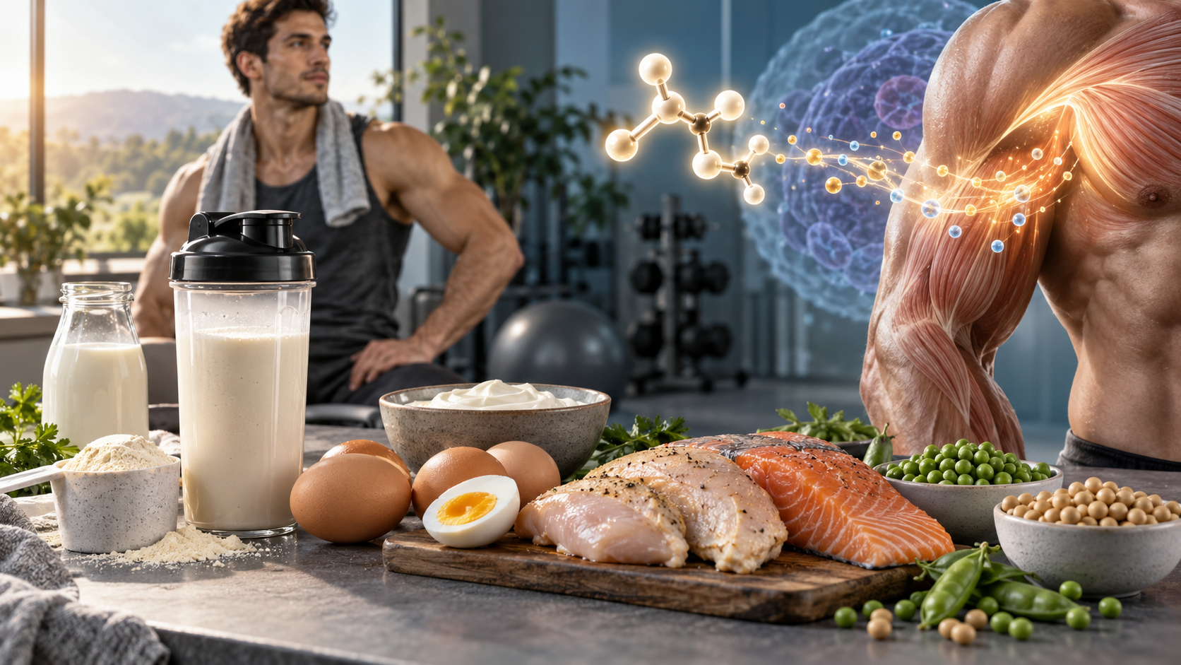 Alimentos ricos en proteínas junto a un batido de proteína y representación de la síntesis muscular activada por leucina.