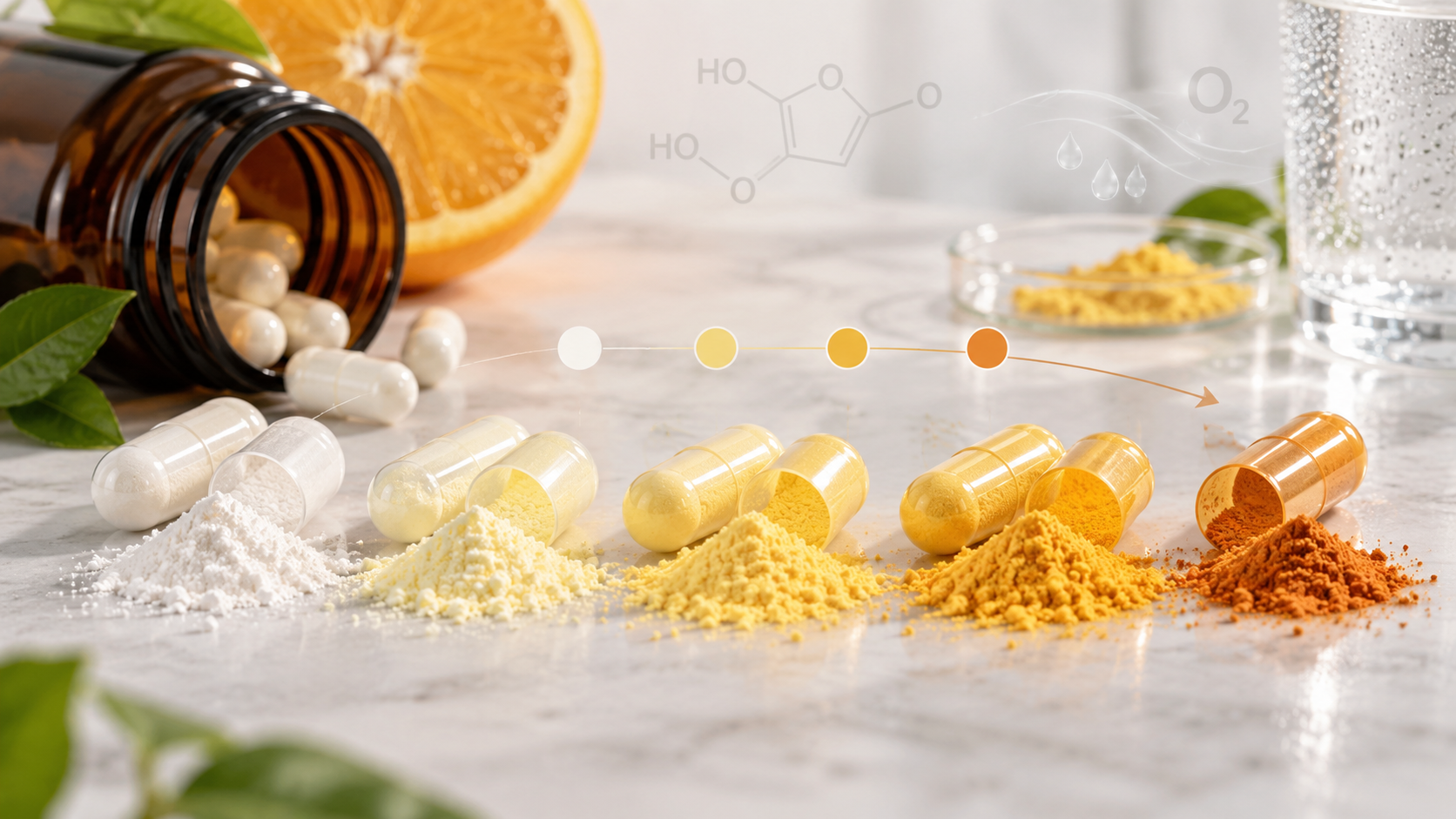 Cápsulas de vitamina C con cambio progresivo de color de blanco a amarillo y anaranjado por oxidación.